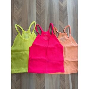 ODODOS 3 Pack Ribbed Seamless Tank Tops Neon Yellow Hot Pink Peach XS S